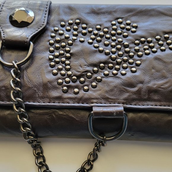 CARLOS SANTANA FAUX LEATHER BROWN MUSIC GUITAR STUD CHAIN CLUTCH PURSE - Picture 2 of 5